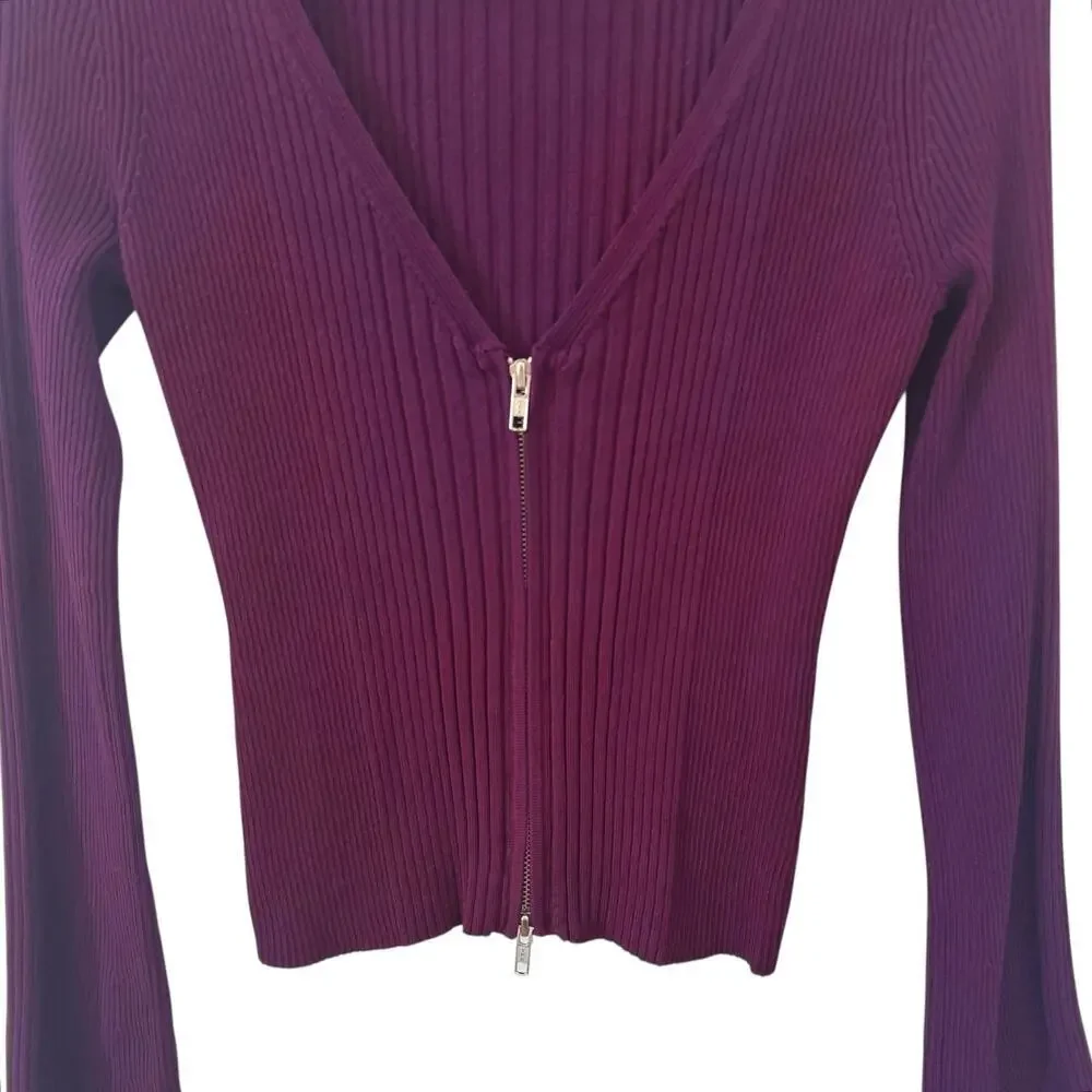 Anthropologie Maeve Zip-Front V-Neck Ribbed Cardigan Sweater Top Purple Small